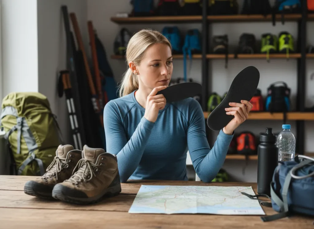 A woman in her late 20s thoughtfully compares two different hiking insoles at a table with her hiking boots.