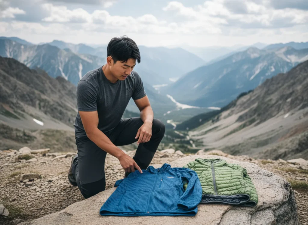 A male hiker analyzes a fleece and a down jacket laid out on a rock at a mountain overlook, demonstrating how to choose the right mid-layer.