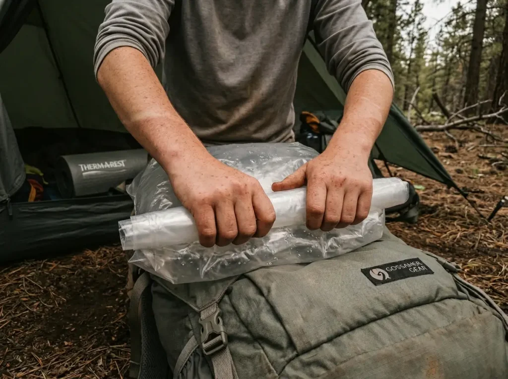 Hands burping air and rolling the top of a pack liner inside a backpack to seal it for river crossings