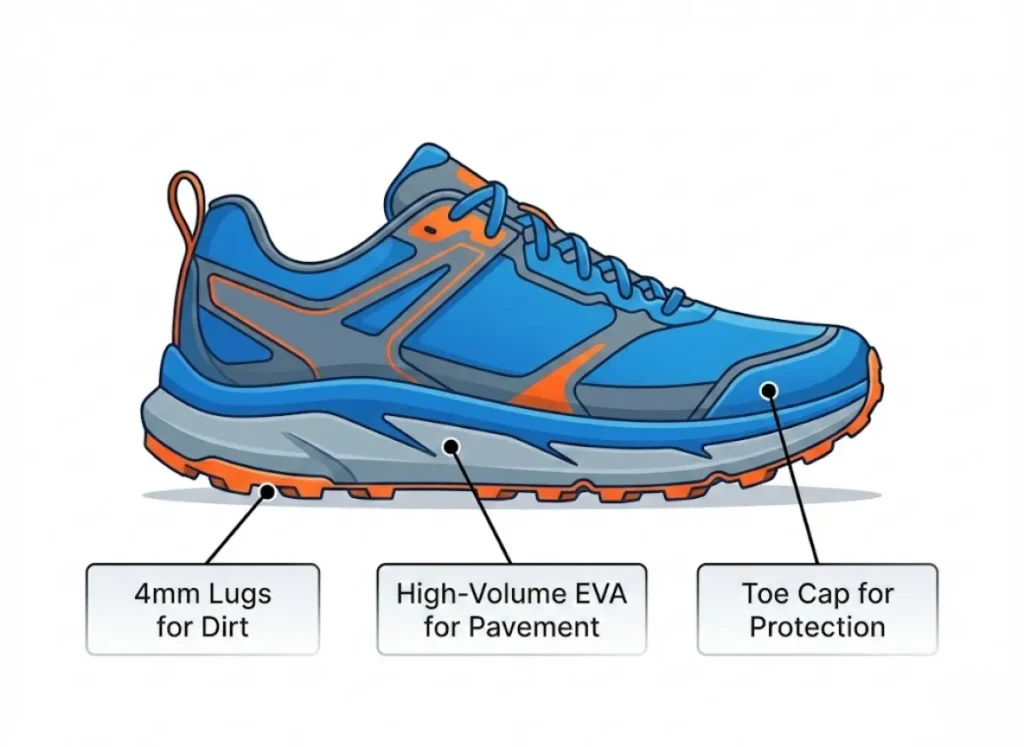 A vector infographic illustrating the anatomy of a hybrid trail-running shoe. Three specific features are labeled: the outsole with "4mm Lugs for Dirt," the thick midsole with "High-Volume EVA for Pavement," and the reinforced front with "Toe Cap for Protection."