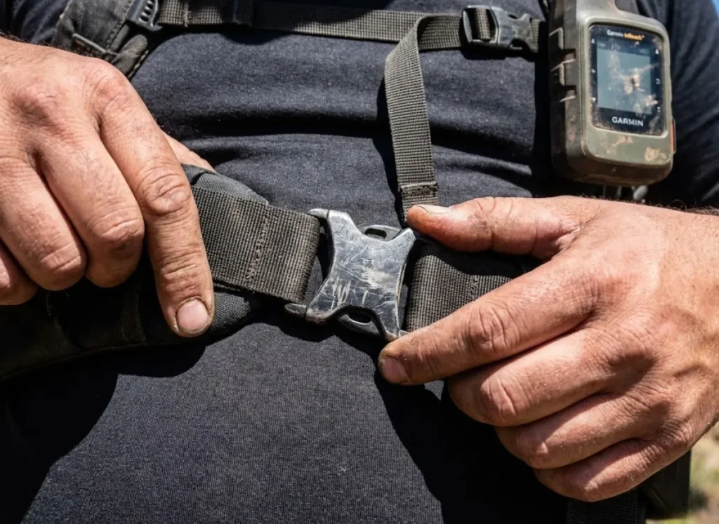 A close-up of a hiker adjusting a backpack strap, highlighting inclusive sizing and safety gear preparation.