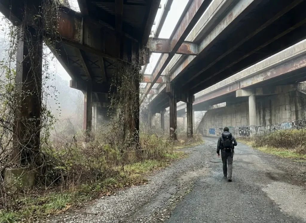 A hiker walking on a trail beneath a large, rusted steel industrial bridge.