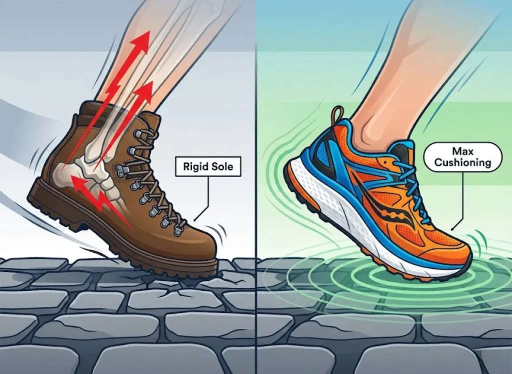 A split-panel educational illustration comparing the impact of footwear on hard cobblestones. The left panel shows a rigid hiking boot with red arrows indicating high impact force traveling up the leg. The right panel shows a trail runner with a thick foam midsole compressing to absorb shock, indicated by green waves.