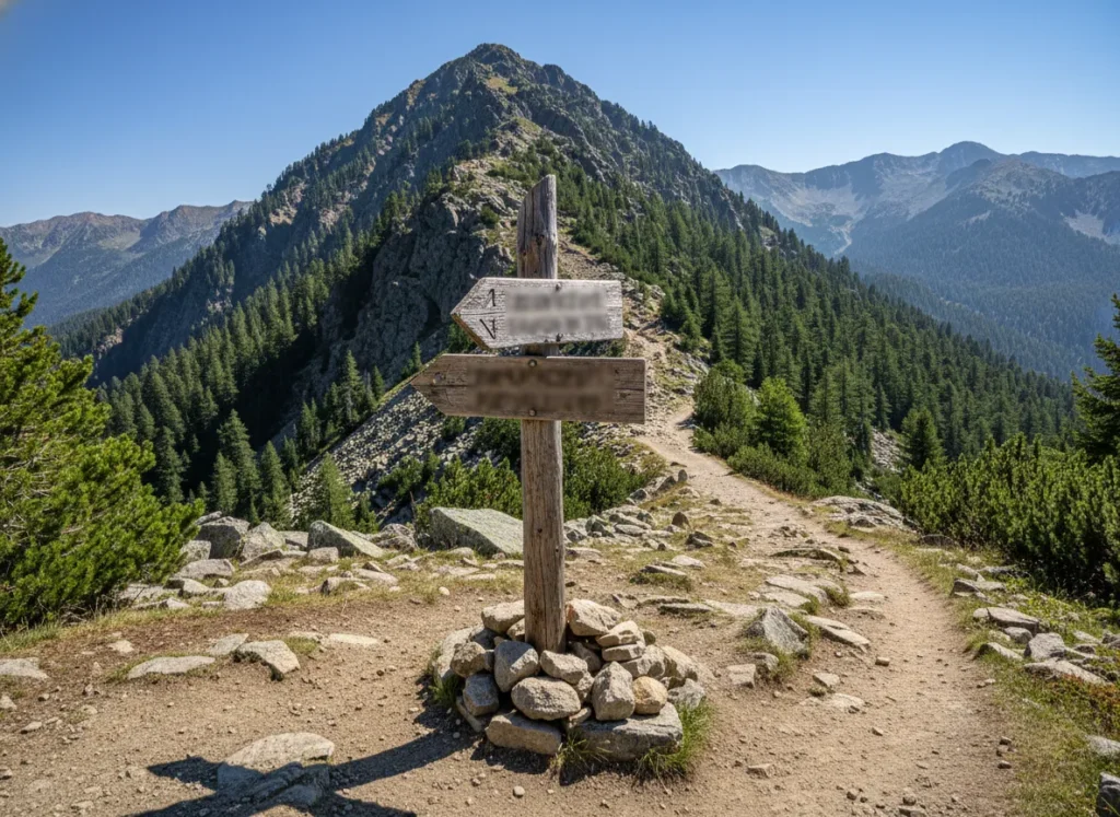 A wooden trail sign showing a fork in the path, with one trail appearing much harder than the other, symbolizing the slackpacking debate.