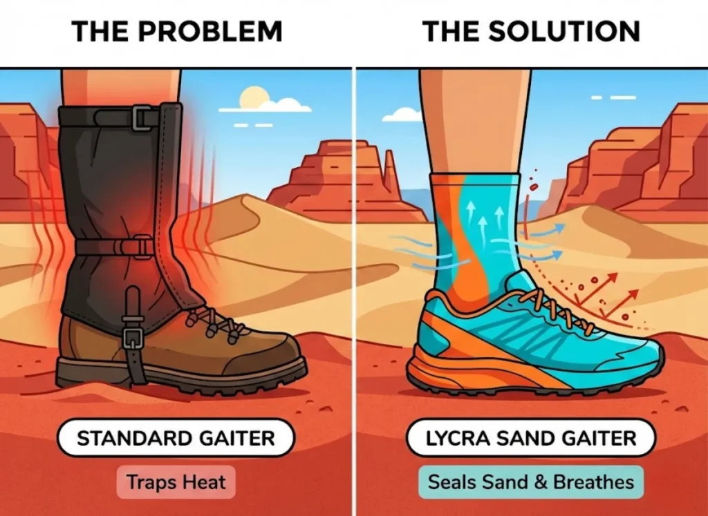 An educational infographic comparing hiking gear for the Jordan Trail. The left panel illustrates a standard waterproof gaiter which traps heat, while the right panel shows a specialized Lycra sand gaiter that allows breathability and seals out sand.