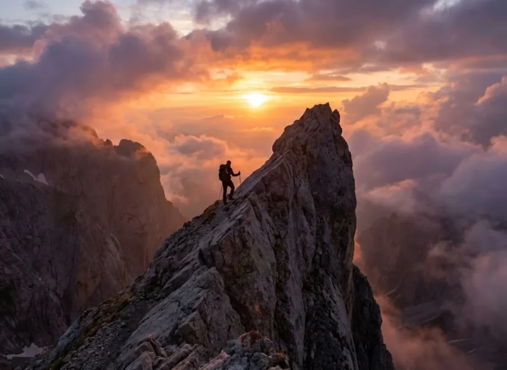 A tiny silhouette of a hiker traversing a sharp, exposed mountain ridge, illustrating the scale of iconic North American peaks.
