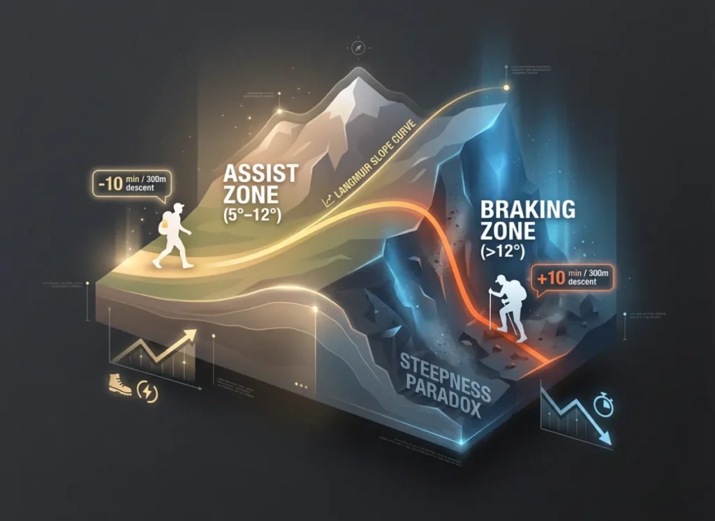 A professional editorial infographic illustrating the Langmuir Slope Curve. It shows a hiker transitioning from a gentle 5-degree 'Assist Zone' where descent is faster, into a steep 12-degree 'Braking Zone' where descent speed drops and physical effort increases due to eccentric loading.
