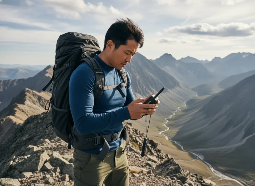 A male hiker in a remote mountain setting uses a satellite messenger to manage his self-evacuation during an emergency.