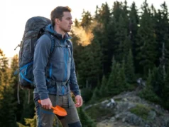 How to Poop in the Woods: The LNT Master Class Backpacker wearing Patagonia and Osprey gear holding a Deuce trowel on a sunrise ridge.