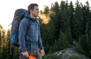 How to Poop in the Woods: The LNT Master Class Backpacker wearing Patagonia and Osprey gear holding a Deuce trowel on a sunrise ridge.