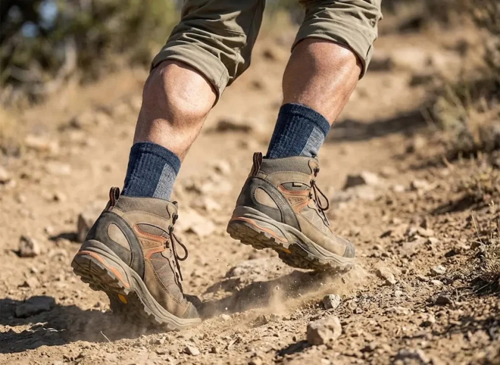 Close-up of hiker's calves flexing and hiking boots kicking up dust on a trail.