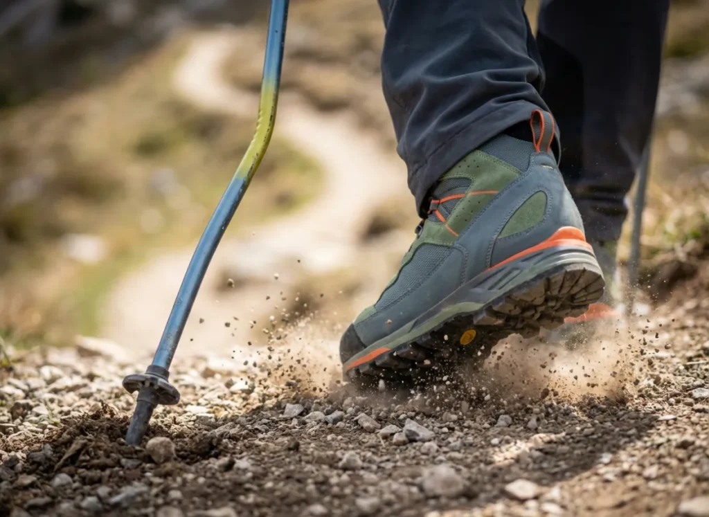 Close up of a hiking boot and trekking pole tip impacting gravel to show force distribution.