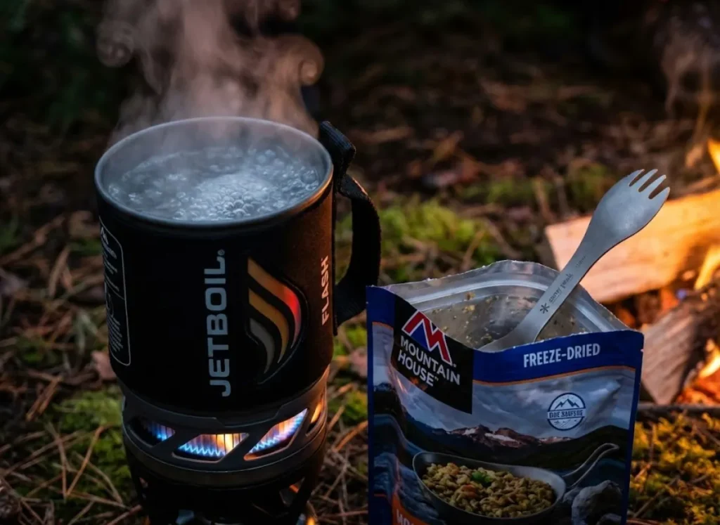 Steam rising from a Jetboil Flash stove next to a Mountain House meal pouch and Snow Peak titanium spork.