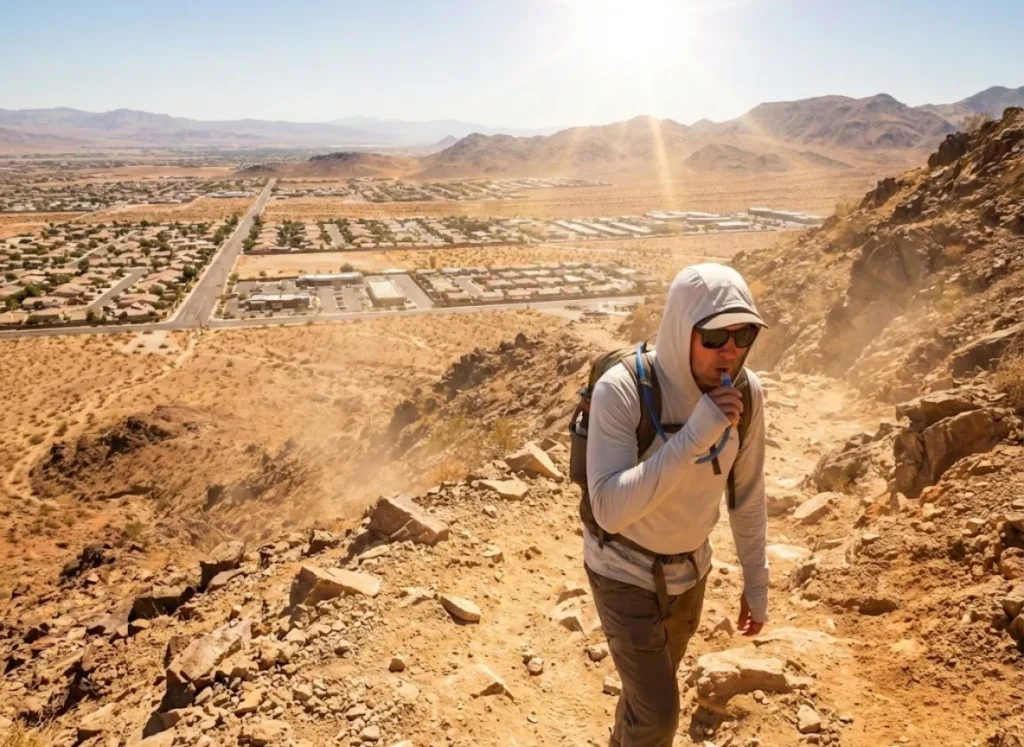 A hiker on a rocky desert trail with a city grid visible in the valley below.