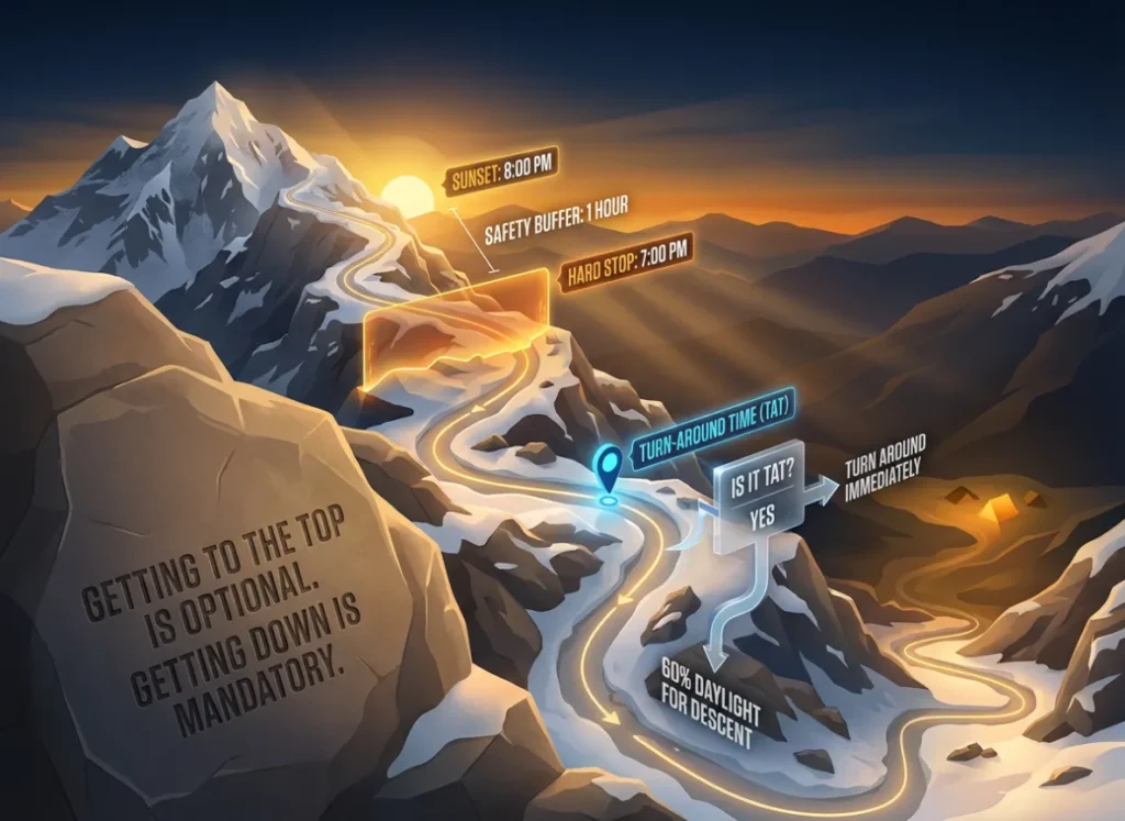 A sophisticated 3D semantic infographic illustrating the "Daylight Budget" mountaineering protocol. The image features a mountain ridge acting as a literal timeline, showing a climber approaching a "Hard Stop" line calculated backward from sunset, emphasizing the Ed Viesturs philosophy that getting down is mandatory.
