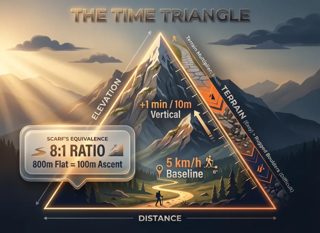 A sophisticated 3D infographic titled 'The Time Triangle' illustrating Naismith's Rule and Scarf's Equivalence. The image shows a stylized mountain path with integrated text labels for distance, elevation, and terrain, blending clean vector lines with cinematic 3D lighting.