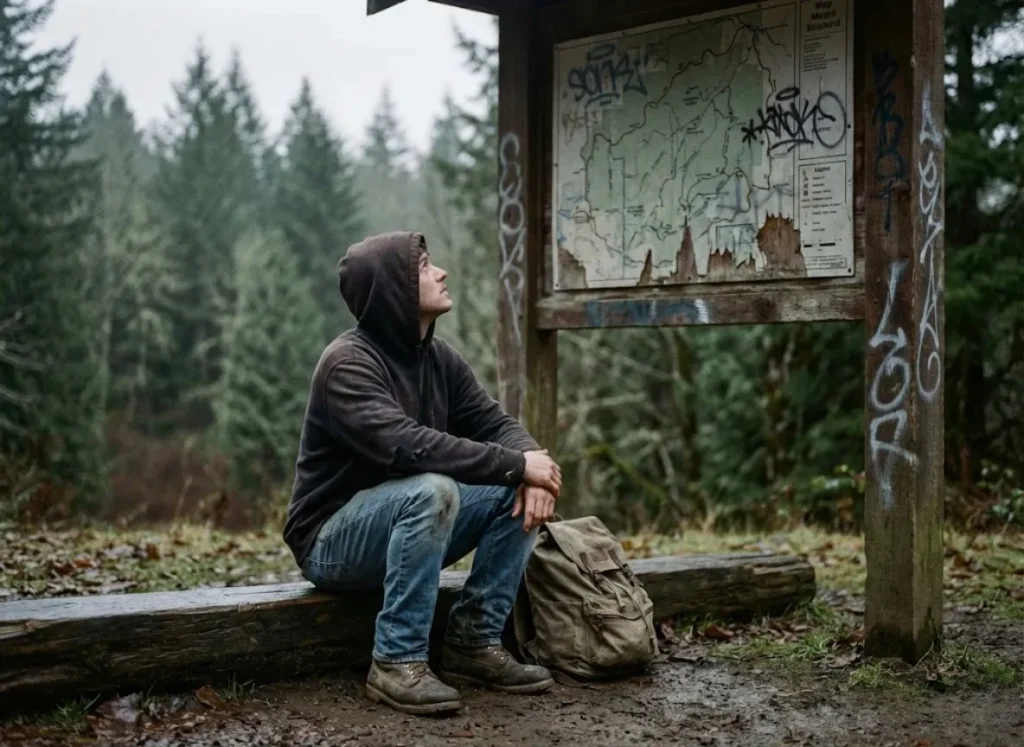 A hiker wearing non-technical clothing sits alone at a trailhead looking at a worn map, symbolizing economic and social barriers to access.