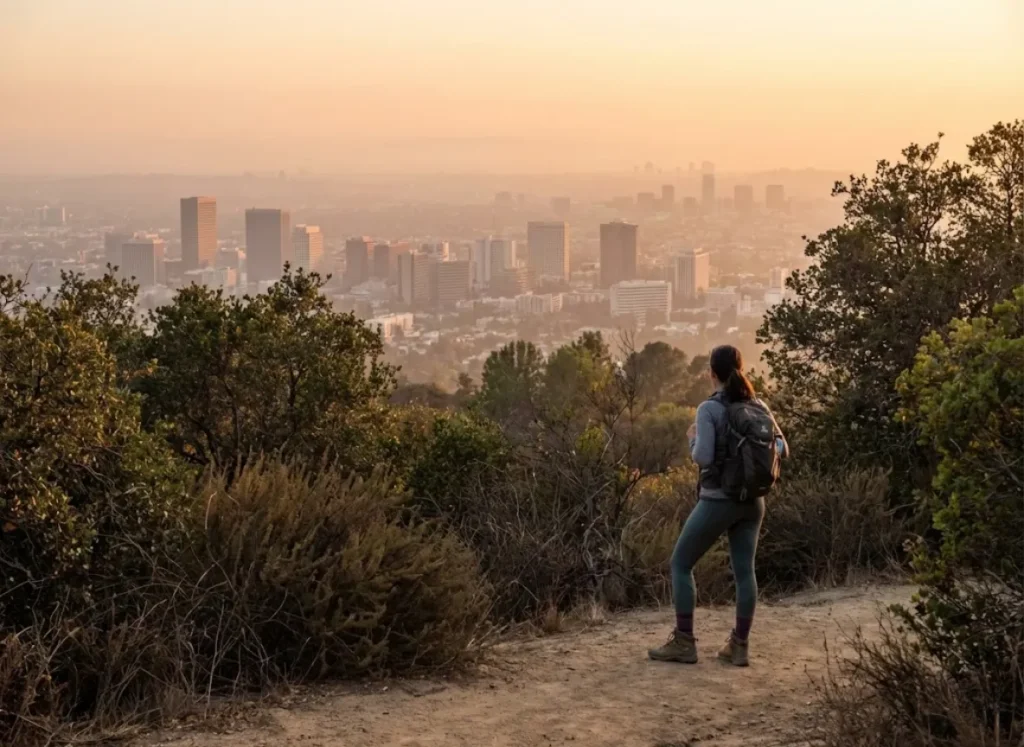 A hiker standing on a green trail overlooking a dense, concrete urban city skyline in the distance.