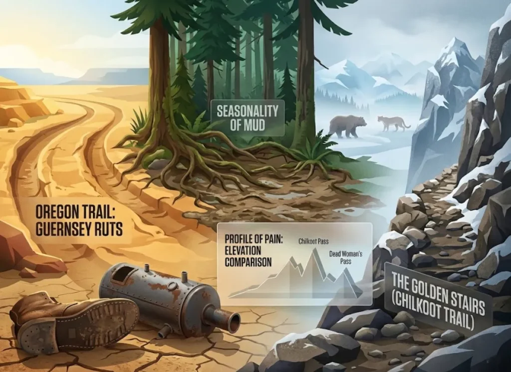 A sophisticated semantic infographic blending 3D landscapes and vector art, illustrating the contrast between the deep sandstone ruts of the Oregon Trail and the snowy, vertical ascent of the Chilkoot Trail's 'Golden Stairs,' featuring a floating elevation comparison chart.