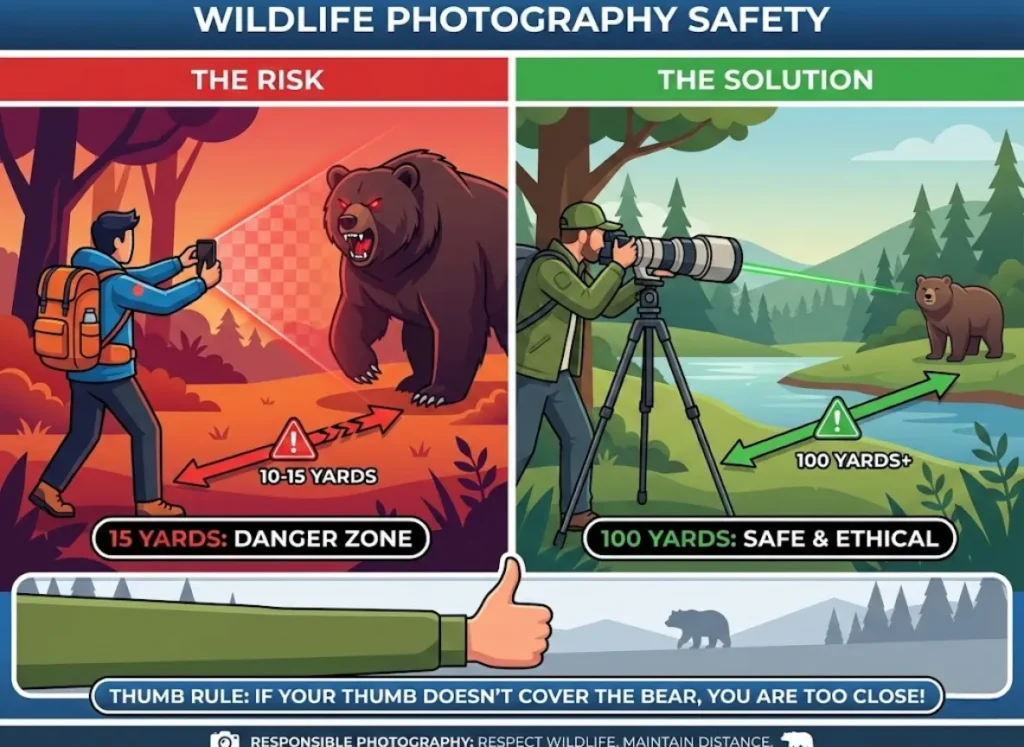 An educational vector infographic titled "The Optics of Safety." The left panel shows a hiker dangerously close to a bear using a smartphone with a wide field of view. The right panel shows a photographer safely far away using a telephoto lens on a tripod. A bottom insert illustrates the "Thumb Rule" for checking safe distances.
