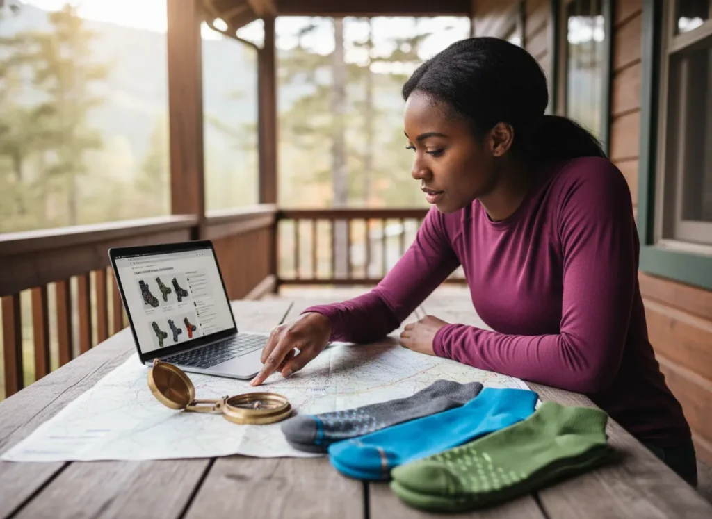 A female hiker at a cabin table researches hiking compression socks using a map, laptop, and several pairs of socks.