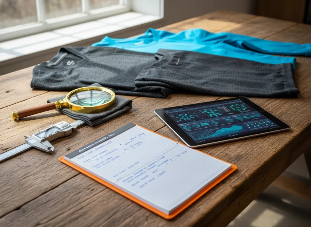 A flat lay of hiking base layers on a wooden table with research tools like a magnifying glass, calipers, and a notebook, representing a rigorous selection process.