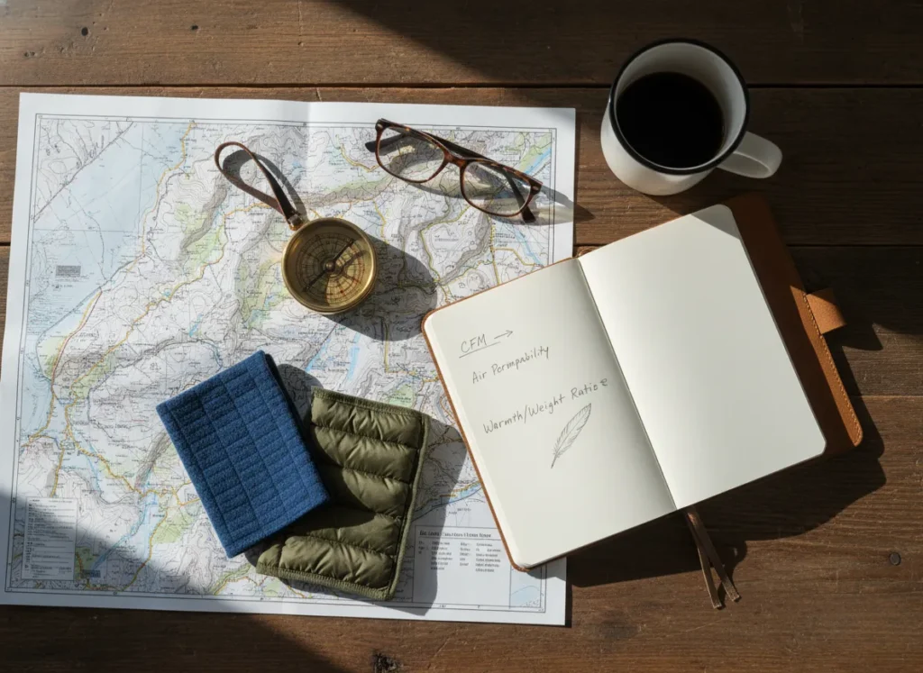 A flat lay of hiking gear research items, including a map, notebook, and fabric swatches, representing the guide's selection process.
