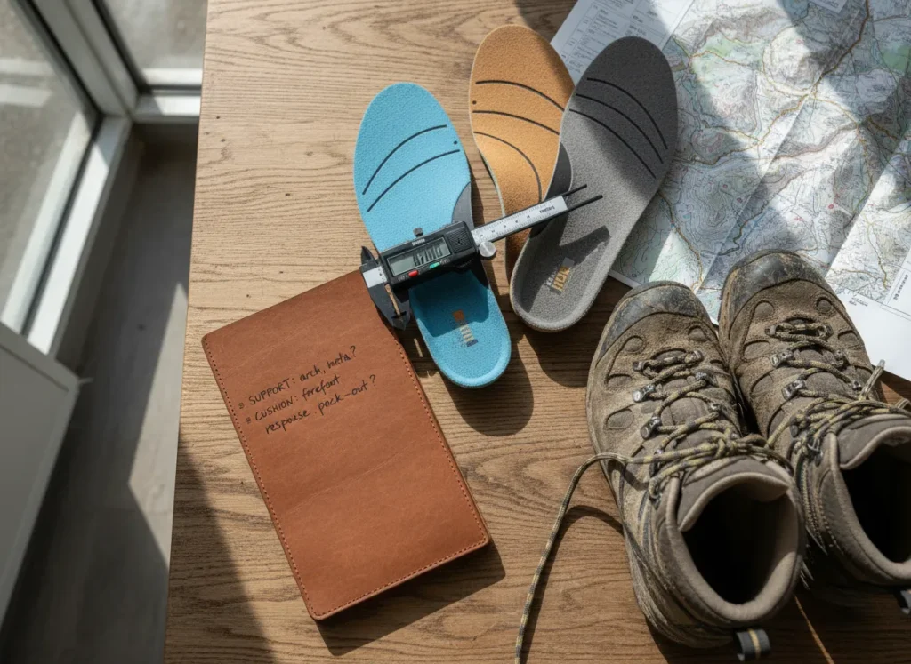 A flat-lay of hiking insoles, muddy boots, a notepad, and a map, representing a gear selection process.