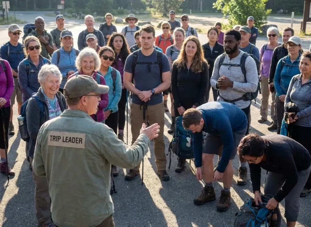 A diverse group of hikers gathering at a trailhead listening to a trip leader give a safety briefing.