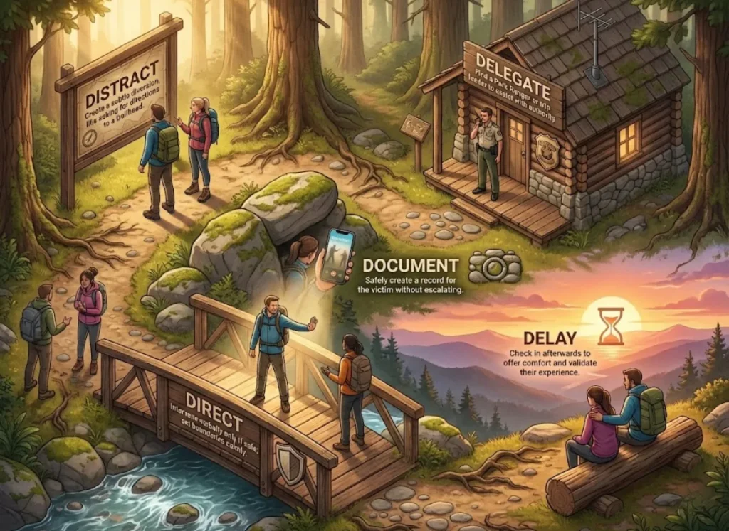 A detailed infographic set along a winding forest hiking trail illustrating the "5Ds of Bystander Intervention." Five distinct stations along the path feature icons, outdoor scenarios, and embedded text labels for Distract, Delegate, Document, Direct, and Delay, explaining how to safely intervene in harassment outdoors.
