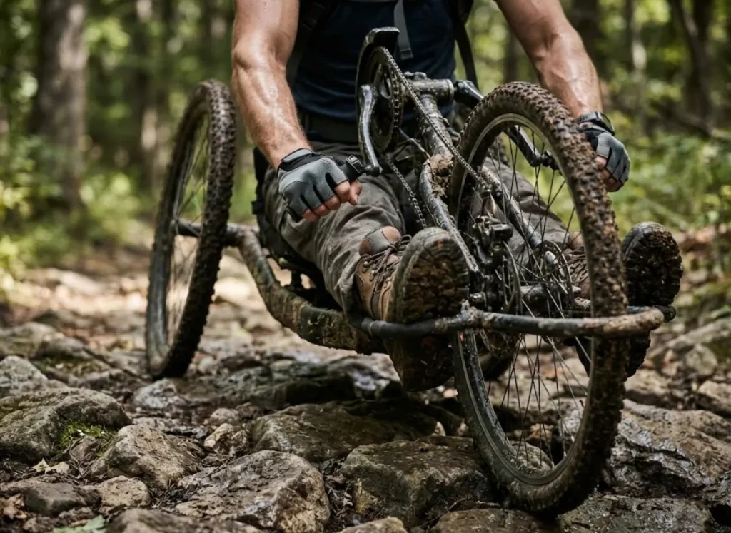 An adaptive hiker navigating a rocky trail with specialized off-road equipment.