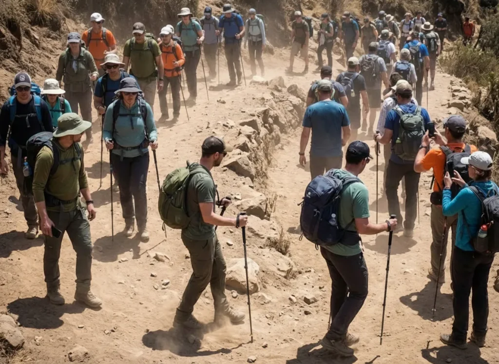 A crowded hiking trail with many hikers walking close together in a line.