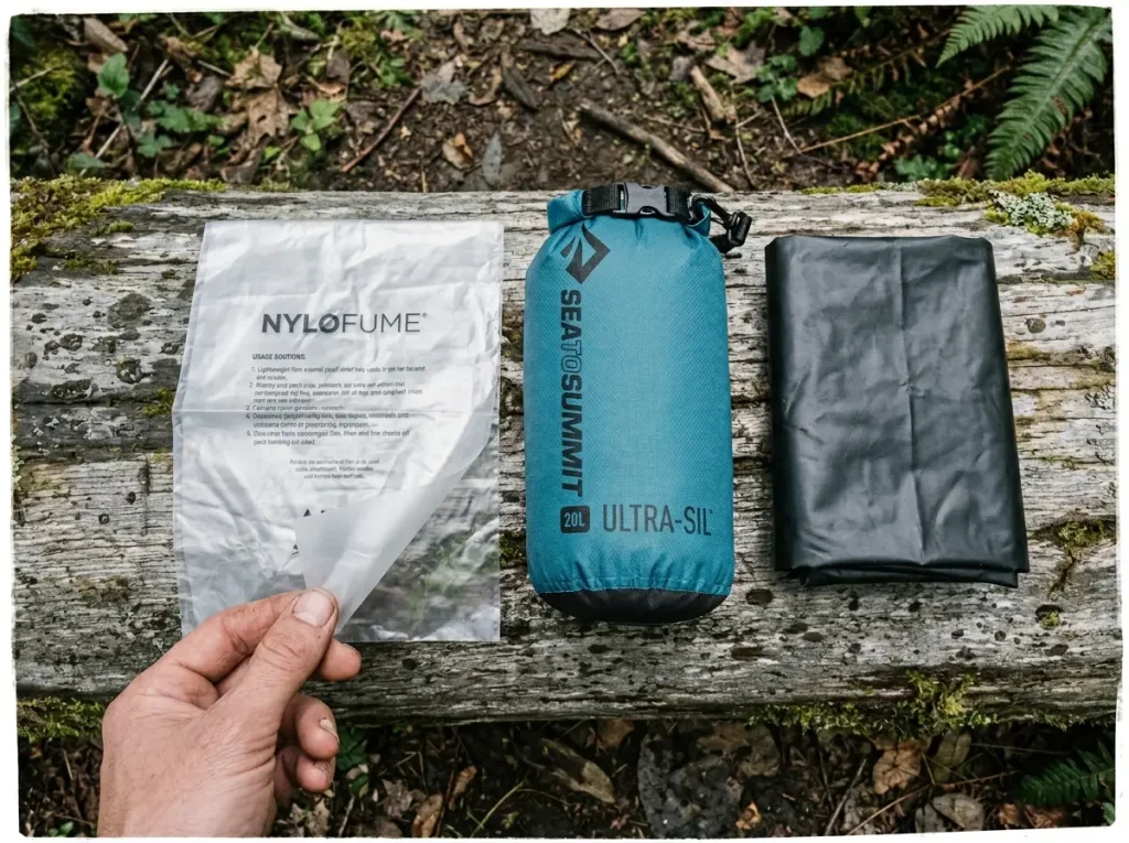 Several ultralight pack liners laid on a log to compare weight and material, from Nylofume film to Cordura nylon