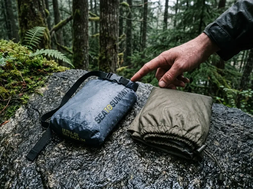 A rolled Sea to Summit pack liner beside a folded rain cover on wet rock, pack liner vs rain cover side by side