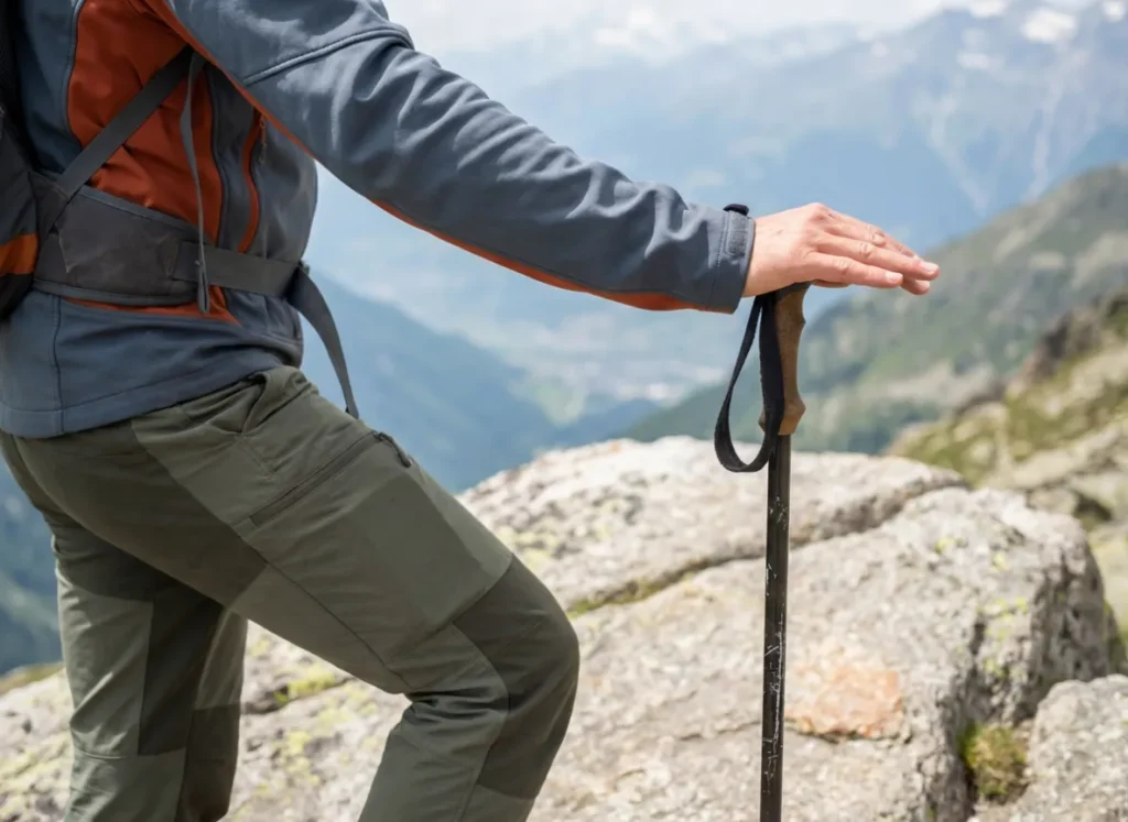 Close up of a hiker using the palm-on-top grip on a trekking pole handle.