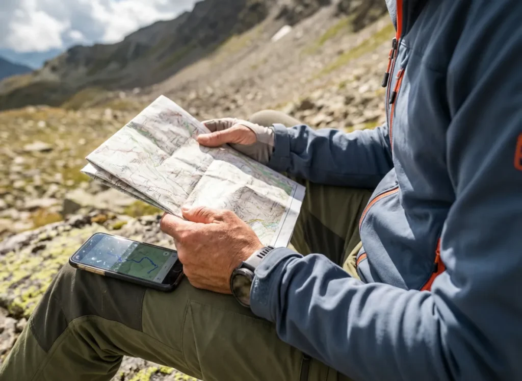 Close up of a paper topographic map being compared to a digital route on a smartphone screen resting on a rock.