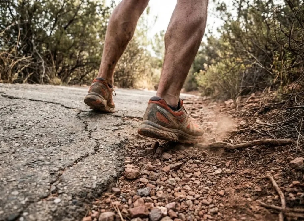 Close-up of hiking shoes transitioning from a concrete sidewalk to a dirt trail.