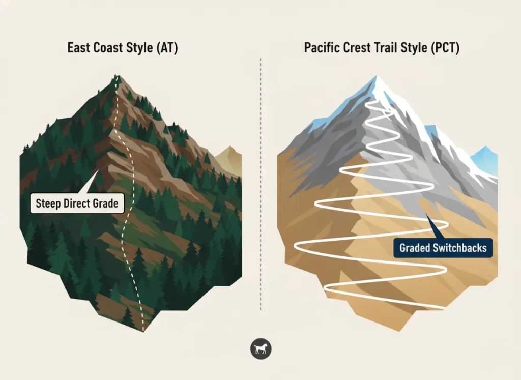 A side-by-side infographic comparison of hiking trail profiles. The left panel shows a steep, jagged, forest-covered mountain with a direct vertical path labeled "Steep Direct Grade." The right panel shows a tall, exposed granite mountain with a path winding in gentle switchbacks labeled "Graded Engineering."