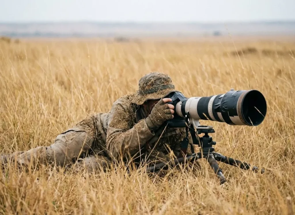 A photographer using a long telephoto lens from a prone position in the grass to capture wildlife from a safe, ethical distance.
