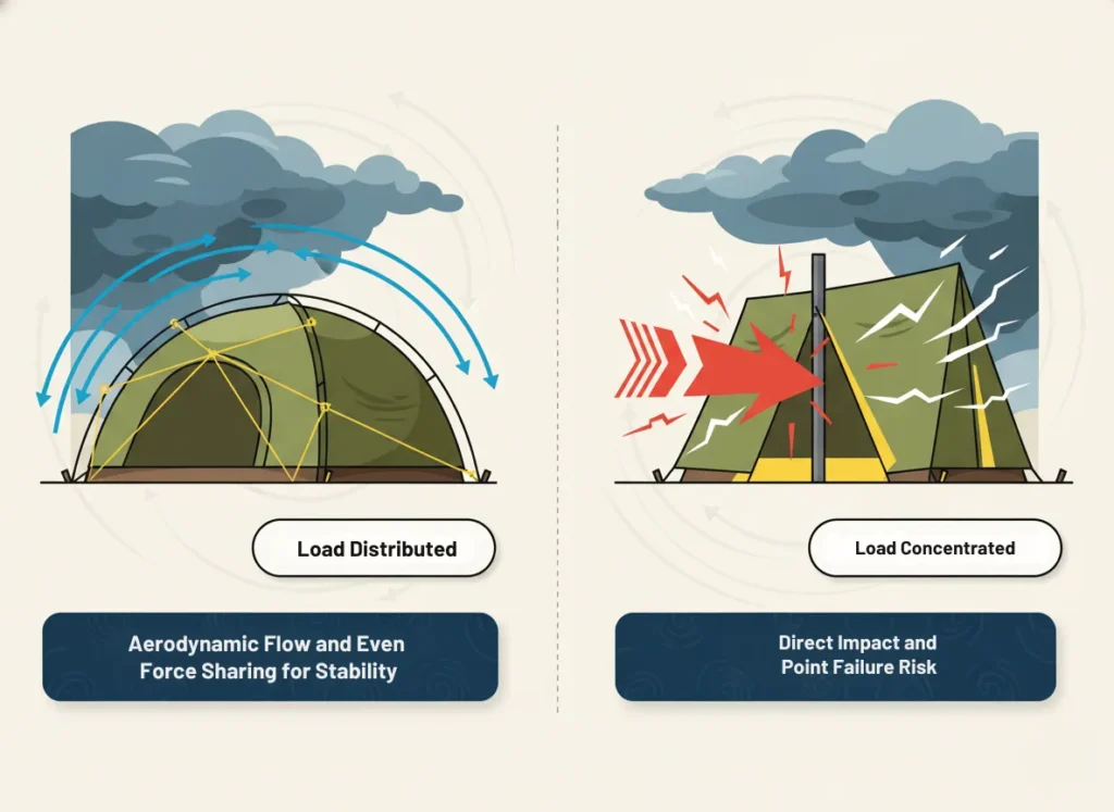 Two-panel infographic diagram illustrating the physics of wind resistance in tent designs, showing smooth airflow over a curved geodesic dome distributing loads evenly versus concentrated forces slamming into a flat-walled tent stressing a single support, in a dynamic educational vector style evoking outdoor resilience.