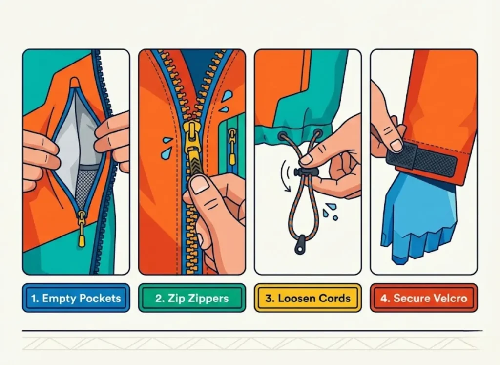 A four-step vector infographic showing how to prepare a hiking jacket for washing: emptying pockets, zipping zippers, loosening elastic cords, and securing velcro straps.