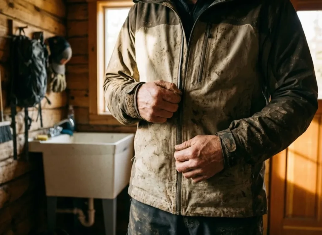 A hiker's hands zipping up a dirty Gore-Tex jacket and checking pockets before washing it in a cabin utility room.