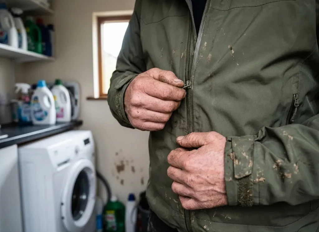 Hands zipping up the front zipper of a waterproof hiking jacket to prepare it for the washing machine.