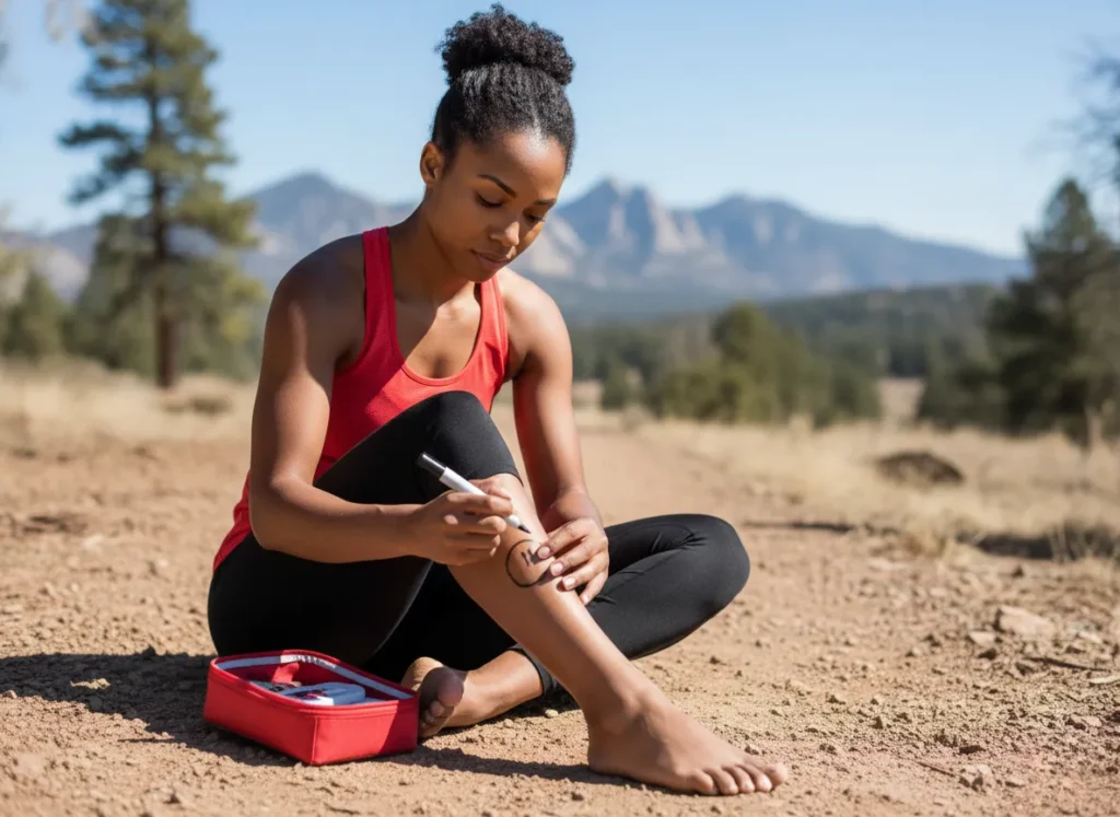 A female hiker sits on a trail and calmly uses a marker to track the swelling on her leg, following snakebite first-aid protocol.
