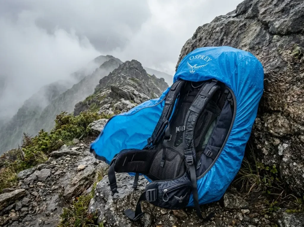 Wind lifting a backpack rain cover on an exposed ridge, exposing wet shoulder straps, showing where rain covers fall short