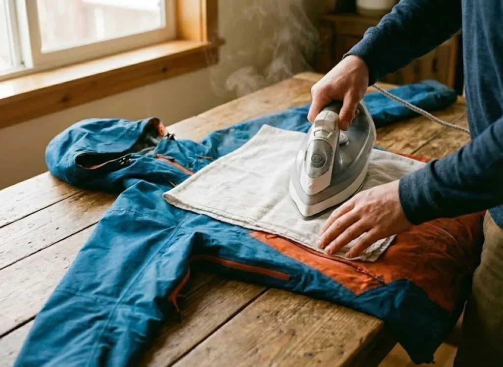 Ironing a Gore-Tex jacket with a towel barrier to reactivate the durable water repellent coating using heat.