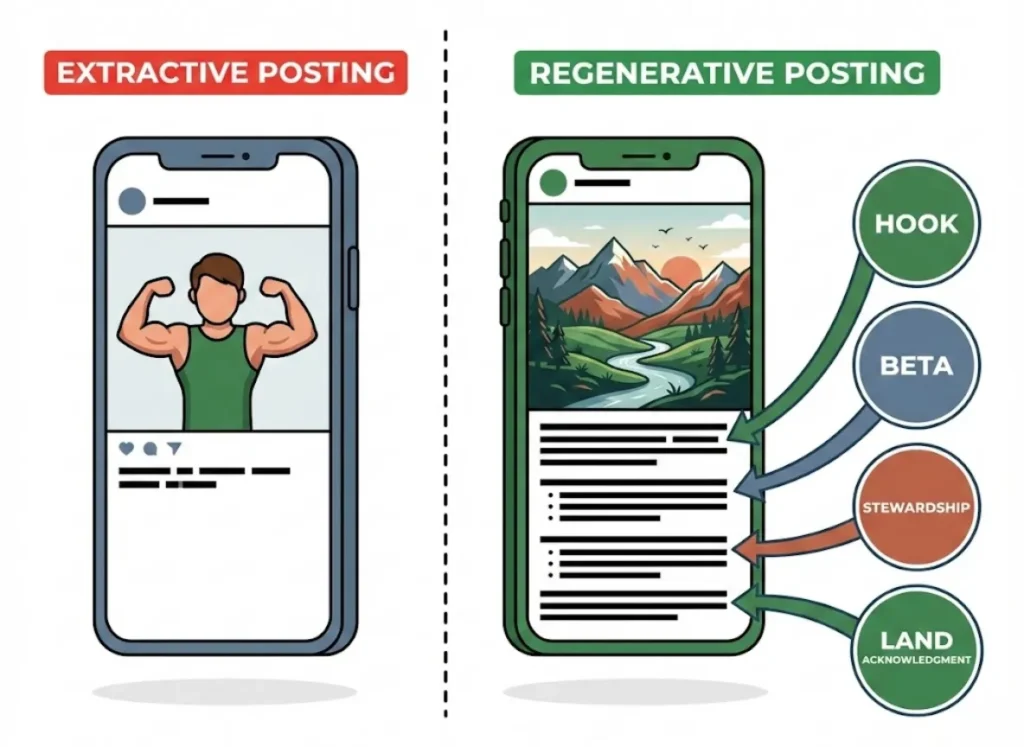 A split-screen educational infographic in a flat vector style comparing two social media posts. The left side shows a superficial "Extractive Posting," while the right side shows a detailed "Regenerative Posting" with annotations pointing to elements like Hook, Beta, Stewardship, and Land Acknowledgment.