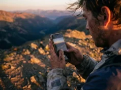 Responsible Social Media Hiking: The Field Guide A hiker with gritty, dirty hands holds a smartphone to photograph a mountain sunset, showcasing the intersection of outdoor adventure and digital documentation.