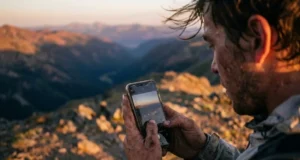 Responsible Social Media Hiking: The Field Guide A hiker with gritty, dirty hands holds a smartphone to photograph a mountain sunset, showcasing the intersection of outdoor adventure and digital documentation.