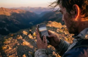 Responsible Social Media Hiking: The Field Guide A hiker with gritty, dirty hands holds a smartphone to photograph a mountain sunset, showcasing the intersection of outdoor adventure and digital documentation.
